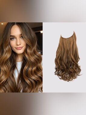 thathair. Long Wavy Chestnut Brown Halo Hair Extensions, 18”